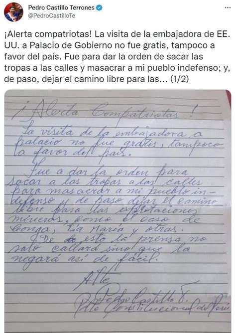Pedro Castillo Envía Nueva Carta Y Azusa A Los Manifestantes “quieren Masacrar A Mi Pueblo