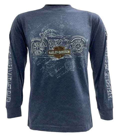 Harley Davidson Mens Blue Print Motorcycle Parts Long Sleeve T Shirt