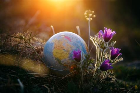Earth Globe In The Grass Next To A Beautiful Purple Flowers Close Up