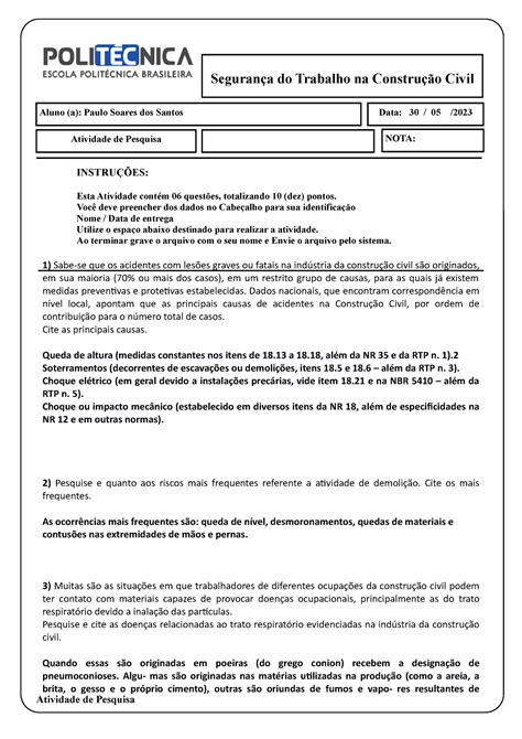 Atividade De Pesquisa Seguran A Do Trabalho Na Constru O Civil