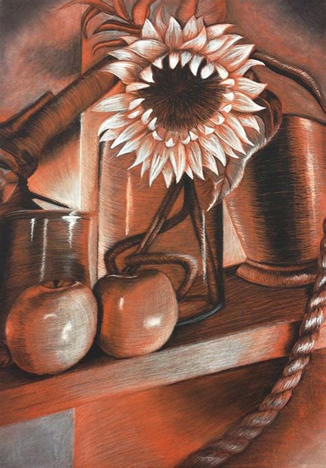 A Drawing Of An Apple Vase And Sunflower On A Wooden Table With Rope