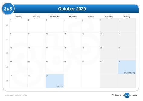 Calendar October 2029