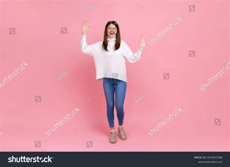 Full Length Portrait Happy Female Waving Stock Photo Shutterstock