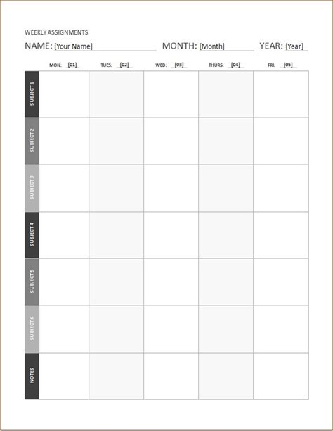 weekly assignment calendar templates word excel templates