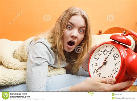 Woman Waking Up Late Turning Off Alarm Clock Stock Photo Image Of