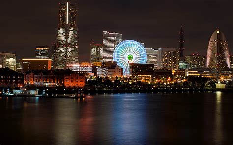 Night Lights Reflection Japan Backlight Port Bay Ferris Wheel
