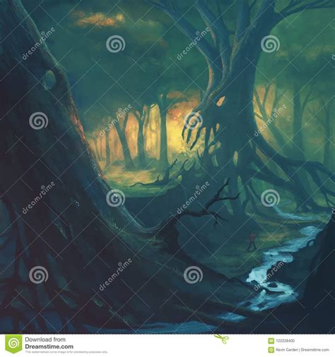 Scary forest landscape stock illustration. Illustration of stream ...