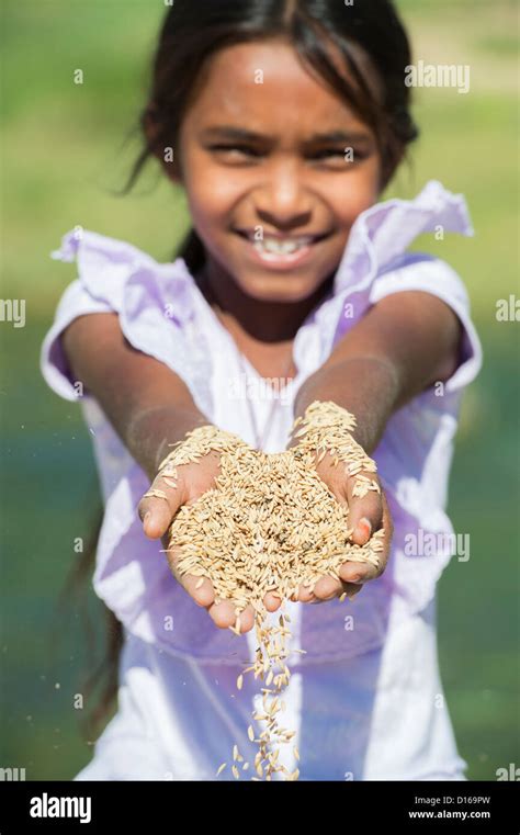 Happy Smiling Rural Indian Girl Holding Harvested Rice Grains Her Hands