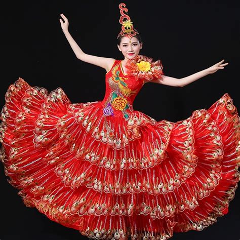 women s flamenco folk dance dresses red spanish stage performance bull dancing peacock big