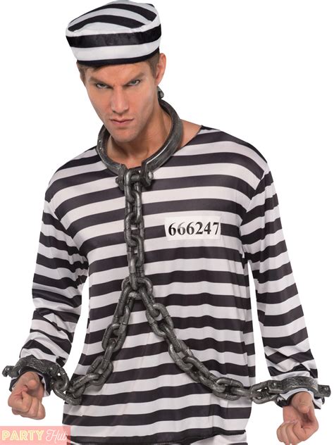 Mens Jailbird Con Costume Adult Prisoner Convict Fancy Dress Halloween