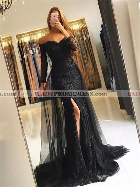 2023 Newly Sheath Long Sleeves Off Shoulder Tulle Lace Black Long Prom