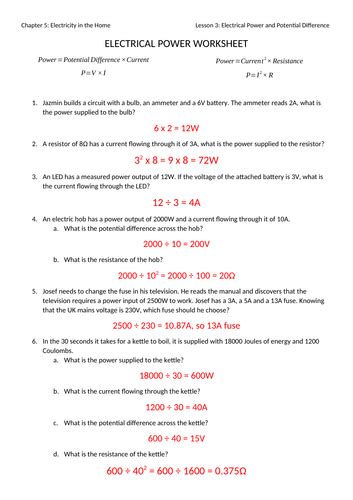 Electrical Power Worksheet With Answers Teaching Resources