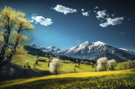 Spring Landscape In The Mountains With Yellow Flowers And Blue Sky