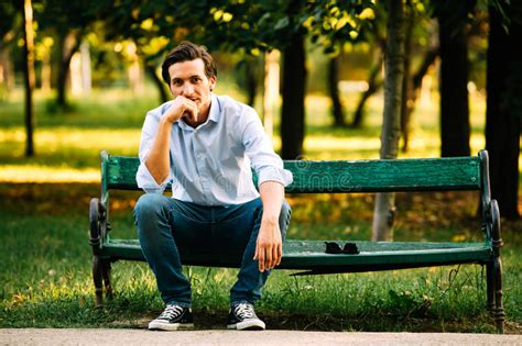 Handsome Adult Man Sitting On Bench Stock Image Image Of Candid