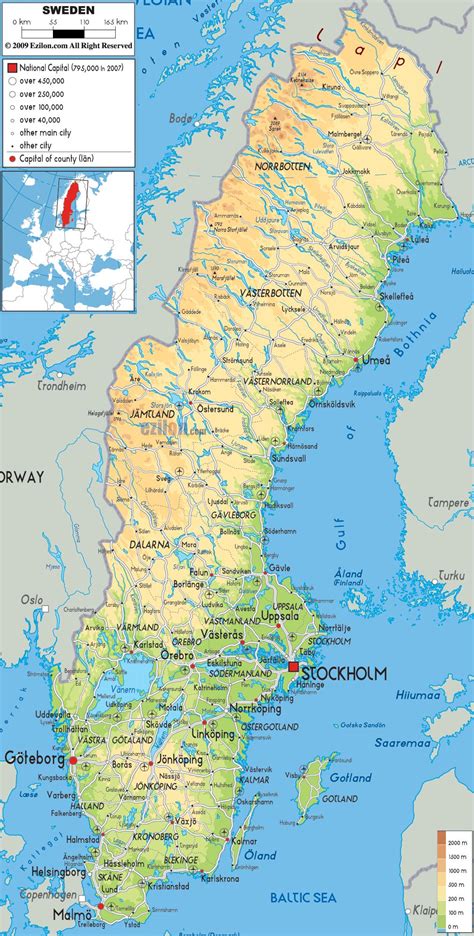 Sveriges geografi kort - Geografiske kort over Sverige (i det Nordlige ...