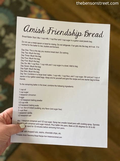 It includes the starter and complete directions for how to care for it and a recipe to make the bread. Amish Friendship Bread - The Benson Street
