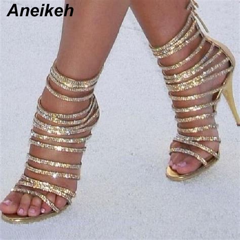aneikeh bling bling gold crystal sandals thin strappy gladiator sandal shoes stiletto heel