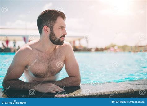 Summer Photo Of Muscular Smiling Man In Swimming Pool Happy Male Model
