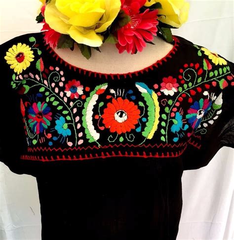 Mexican Blouse Hand Embroidered Floral Women Oaxaca Top Gauze 5 De Mayo