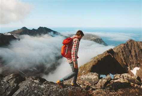 Traveler Man Hiking With Backpack Travel Lifestyle Stock Photo Image