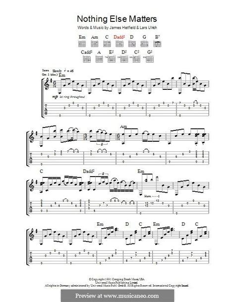 We have an official nothing else matters tab made by ug professional guitarists.check out the tab ». Nothing Else Matters (Metallica) by J. Hetfield, L. Ulrich ...