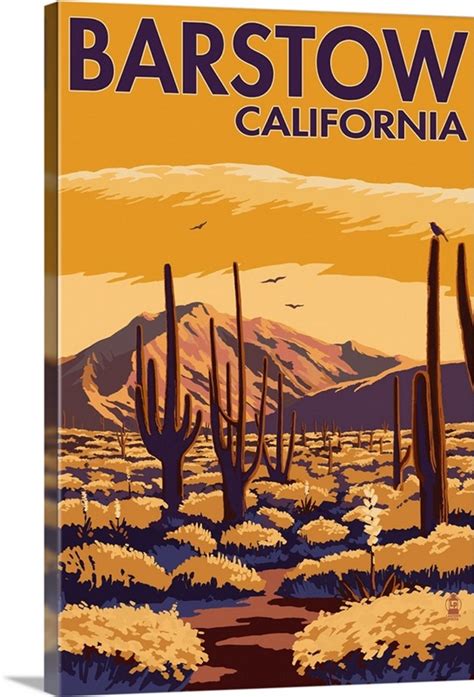 Barstow California Desert Scene With Cactus Retro Travel Poster