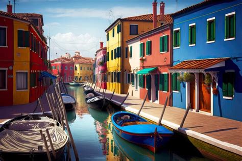Premium Photo Burano Street With Houses And Boats On Water