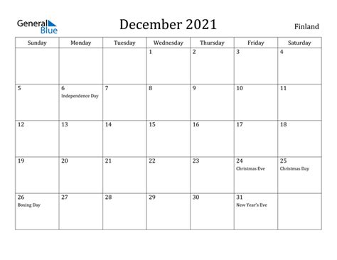 Finland December 2021 Calendar With Holidays