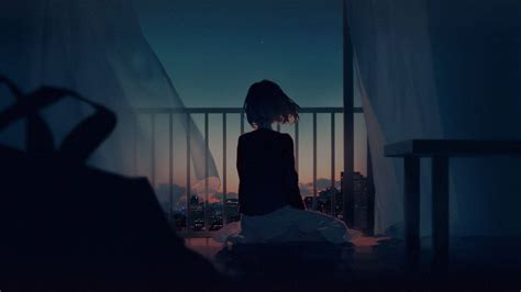download girl in balcony dark anime aesthetic desktop wallpaper