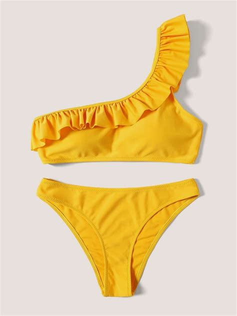 Yellow Ruffle Swimsuit One Shoulder Bikini Bottom Bikinis Ruffle