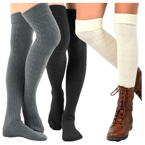 Teehee Womens Fashion Over The Knee High Socks 3 Pair Combo Cable Cuff Dark Combo