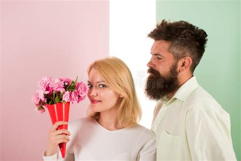 Woman Enjoy Fragrance Bouquet Flowers Couple In Love Happy Celebrate