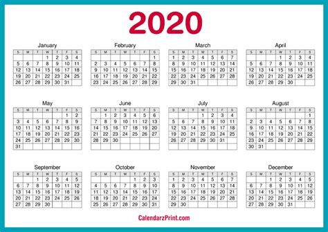 2020 Calendar Printable Free Horizontal Hd Red Calendarzprint