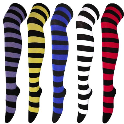 Women Over Knee Thigh High Stockings Blue Black Striped Long Socks Halloween Anime Panty