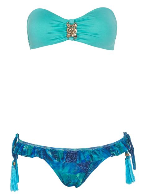 Sky Blue Strapless Chain Detail Bikini Top And Printed Bottom Choies