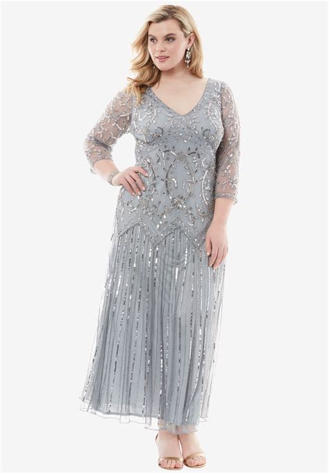 Beaded V Neck Dress By Pisarro Nights Plus Size Special Occasion