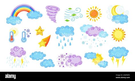 Weather Cartoon Set Cute Hand Drawn Sun And Clouds Rain Or Snow