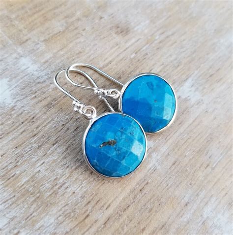 Blue Turquoise Earrings Sterling Silver Round Gemstone Etsy
