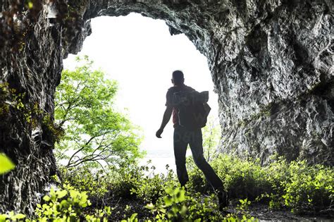 Mature Man Exploring While Walking Amidst Plants In Cave Stock Photo