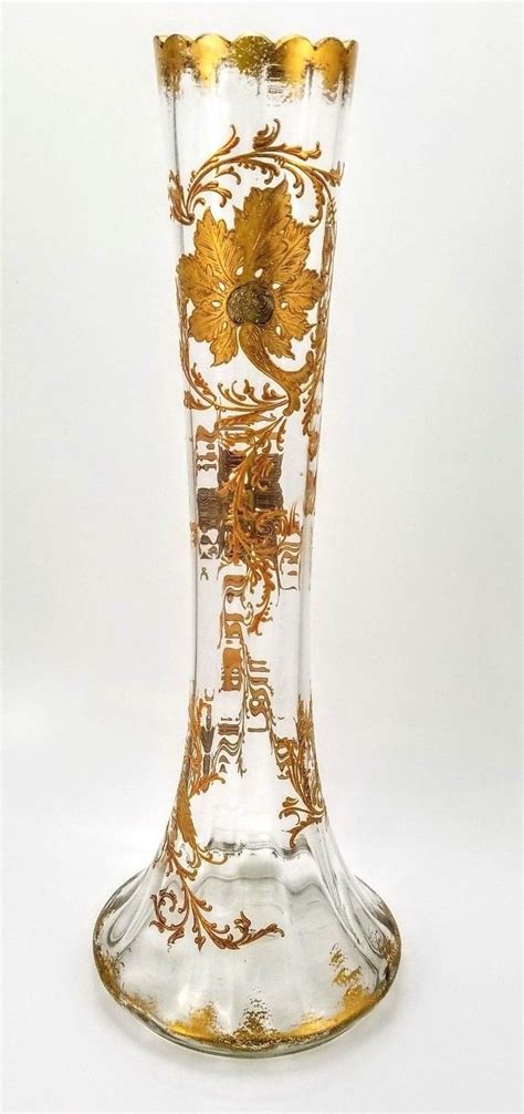 Harrach Bohemian Clear Glass Vase Gilt Gnamel Flowers C 1880 1895