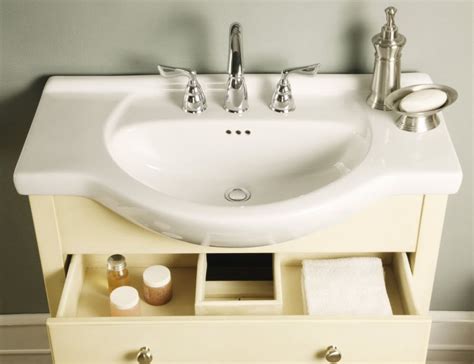 The vanity features full sized doors, a white vanity top with an integral white bowl and a decorative toe kick. 34 Inch Single Sink Narrow Depth Furniture Bathroom Vanity ...