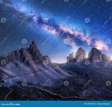 Bright Milky Way Over Mountains At Starry Night In Summer Stock Photo