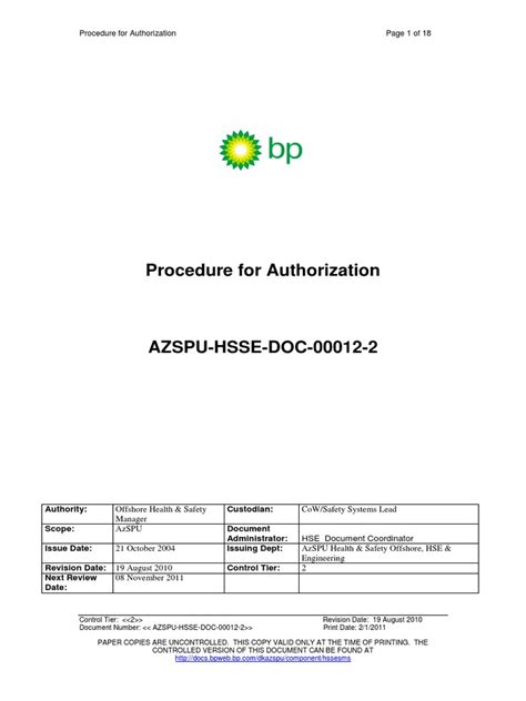 Azspu Ssow Procedure For Authorisation Pdf Occupational Safety And