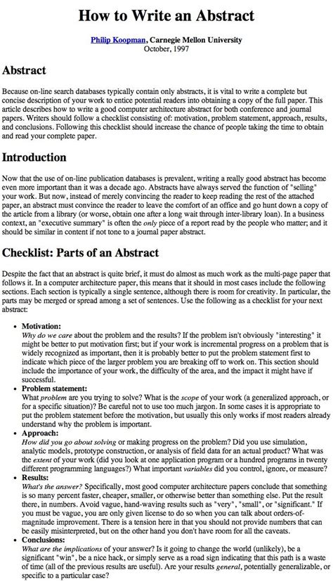 § ensure you have written something for each. How to Write an Abstract by Philip Koopman, Carnegie ...