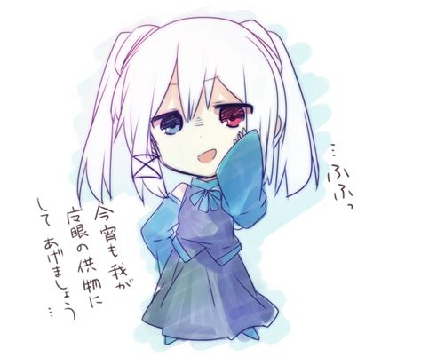 Safebooru 1girl Blue Eyes Chibi Hand On Hip Heterochromia Looking At Viewer Mishima Kurone Red