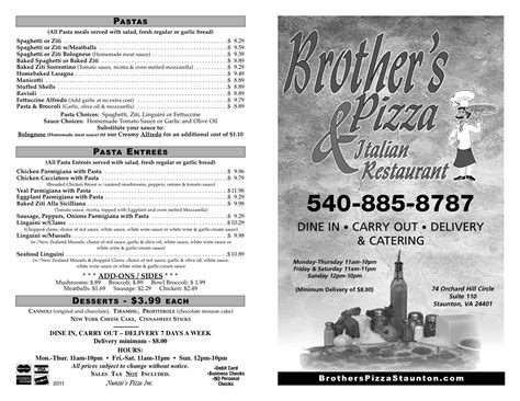 Menu At Brothers Pizza And Italian Restaurant Staunton 74 Orchard Hill