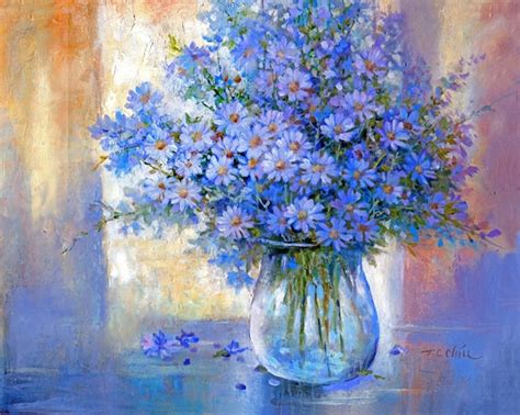 Blue Flowers Art Print Of Oil Painting Flower Nature Etsy Canada