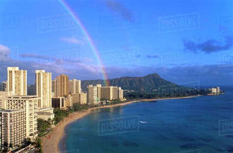 Hawaii Oahu Diamond Head Waikiki Beach With Rainbow And Hotels Along