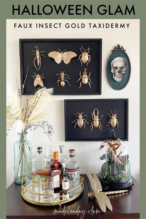 Halloween Glam Faux Insect Gold Taxidermy On Display In Front Of Two