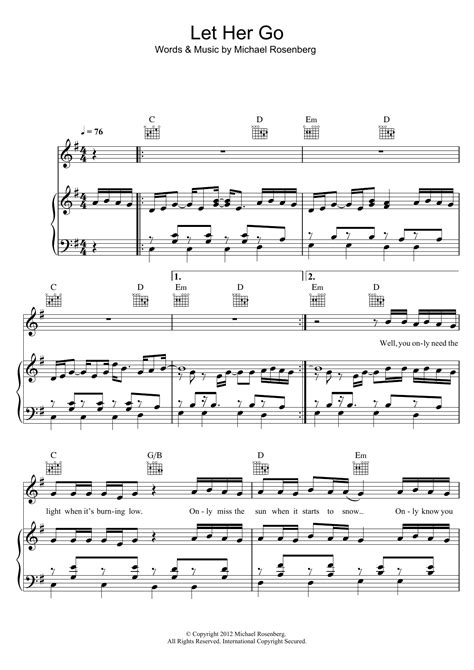 Passenger Let Her Go Sheet Music And Chords For Piano Chordslyrics Download Pdf Score 2
